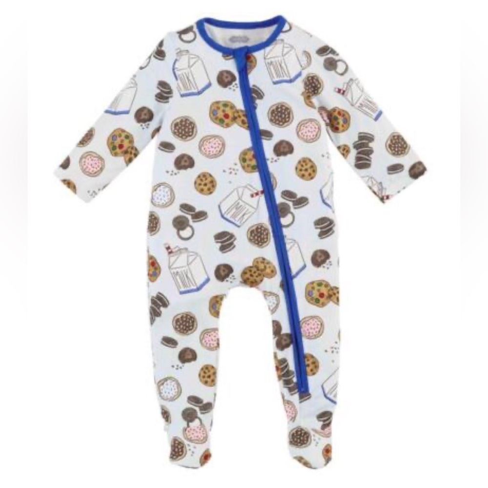 Mud Pie White Footed One-Piece with Blue Trim and Cookie Print